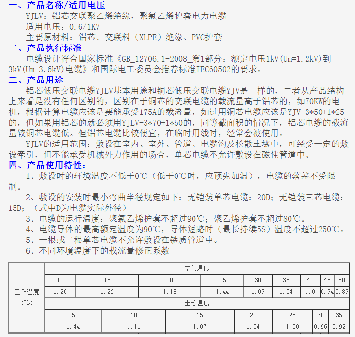 YJLV-铝芯低压交联电力电缆